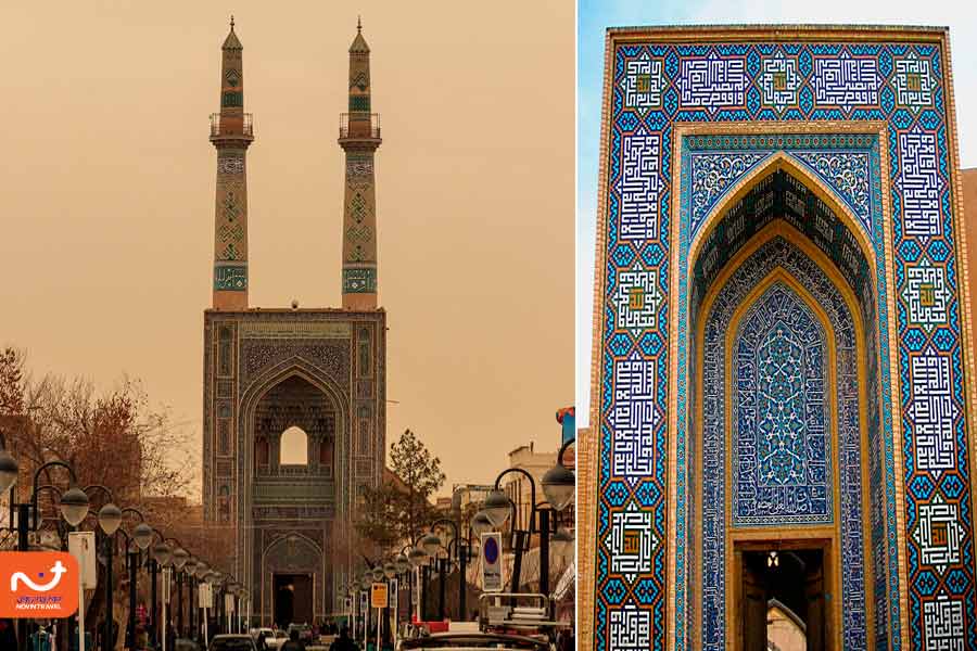 تصویر سردر اصلی مسجد جامع یزد در کنار سردر غربی در روز