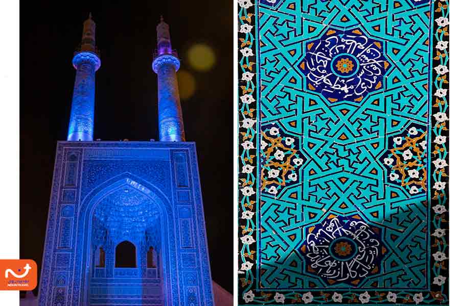 مسجد جامع یزد در شب و نمایی از کاشی‌های این بنا