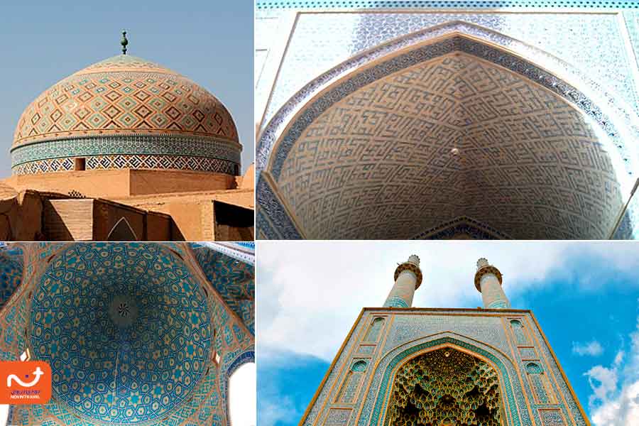 تصویر سقف، خطوط کفوفی، گنبد و ورودی مسجد جامع یزد
