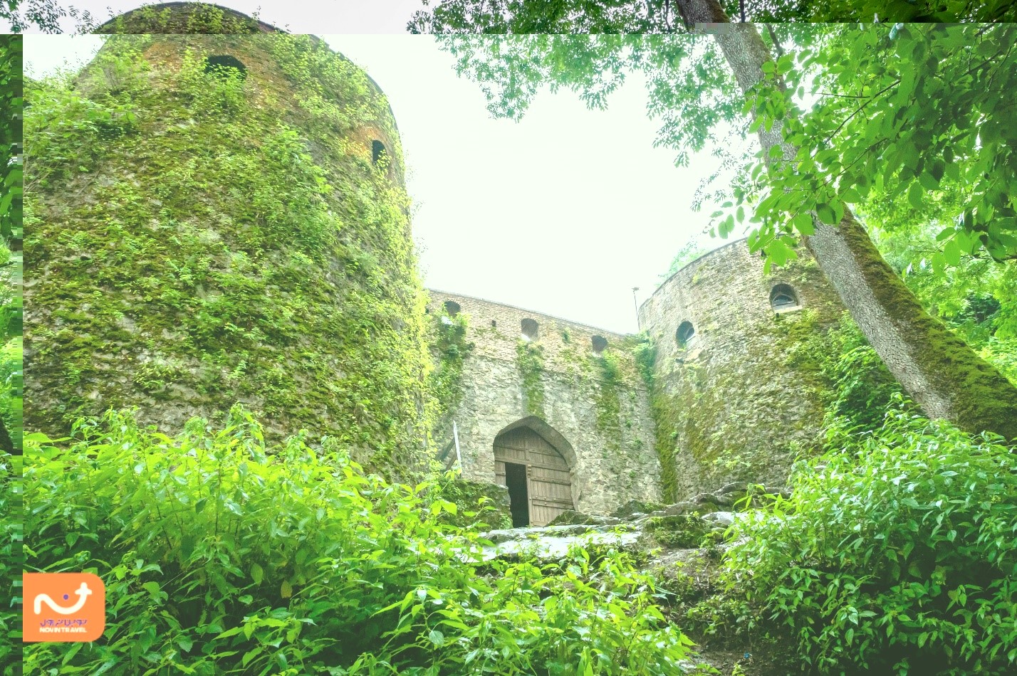 نمای ورودی قلعه رودخان با برج‌های سنگی و پوشیده از گیاهان سبز، در میان جنگل‌های سرسبز گیلان.